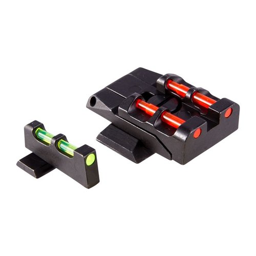 HIVIZ Adjustable Sight Set for S&W M&P enhances accuracy with customizable fiber optics, rugged steel construction, and elevation adjustable rear sight for low light conditions.