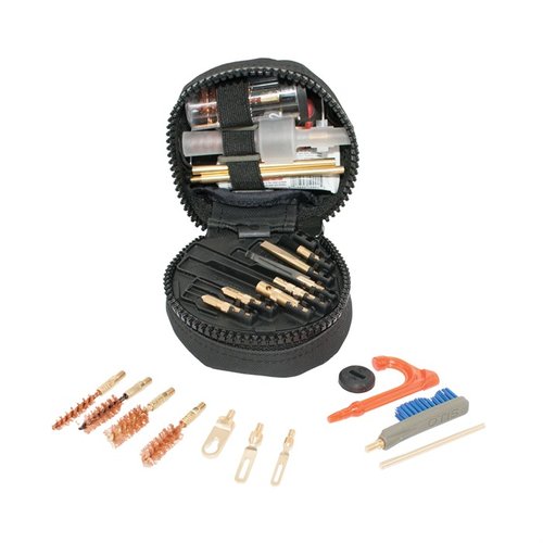 Ultra-compact cleaning kit for .223/5.56mm rifles, 9mm/40/45 pistols, and 12 gauge shotguns, featuring O85® solvent, brushes, and a portable carry case.