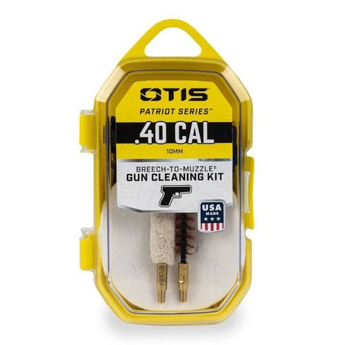 Otis PATRIOT Series Pistol Kit offers essential Breech-to-Muzzle® cleaning tools, including cotton patches, brushes, and Memory-Flex® cables in a hard case.