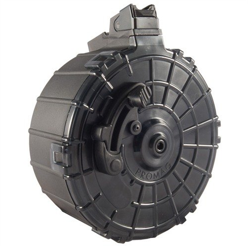 SAIGA 12 DRUM MAGAZINE offers high capacity for competition, durable polymer construction, easy loading with thumb assist, and a removable cover for maintenance.