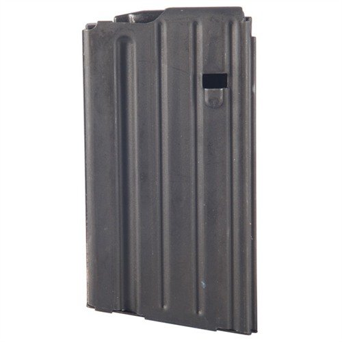 Rugged steel magazine with 20-round capacity, self-lubricating polymer follower, and precision-wound spring, fits most AR-style .308 rifles for reliable performance.