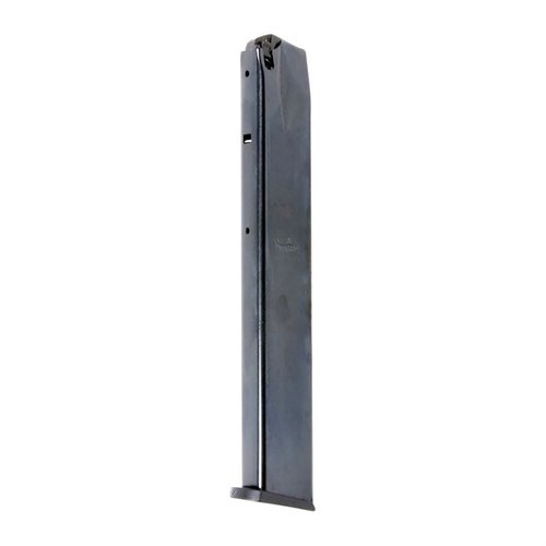 RUGER P-Series steel magazine offers 32-round capacity, heat-treated carbon steel body, and black-oxide finish for durability and corrosion resistance.
