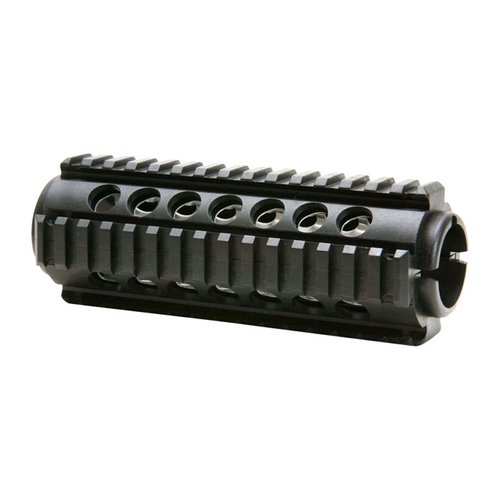 Two-piece Quad-Rail Handguard for AR-15 offers multiple Picatinny attachment points, durable glass-filled nylon construction, and aluminum heat-shield inserts.