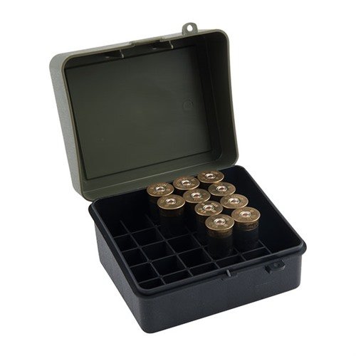Durable SHOTGUN SHELL CASE holds up to 25 rounds of 12 or 16 gauge shells, featuring an easy access flip top for quick retrieval and accommodating 3.5