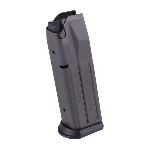 P229-1 magazine offers 15-round capacity, low-profile polymer base for flush fit, durable steel body, and clear round count indicators for P229 and E2 pistols.