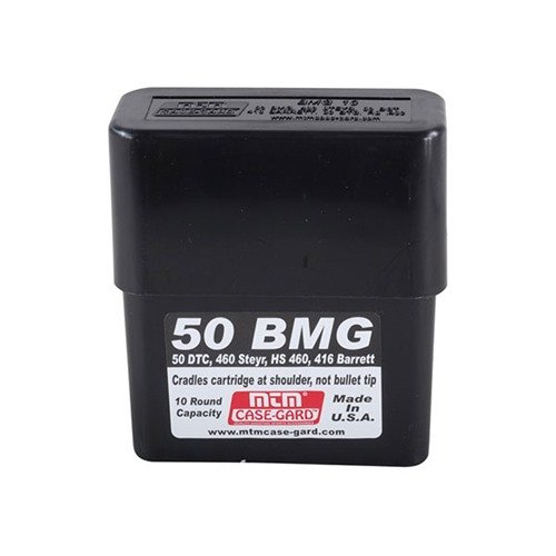 MTM Case-Gard's 50 BMG Slip Top Ammo Box holds 10 rounds securely, featuring bullet tip protection and a convenient design tailored for 50 BMG enthusiasts.