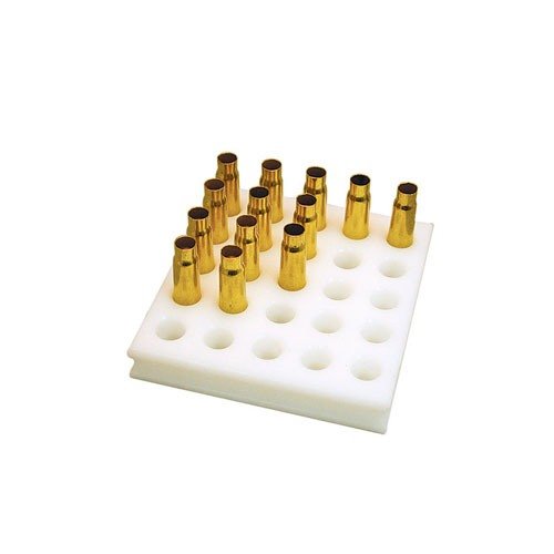 SINCLAIR LOADING BLOCK holds 25 rounds, made from durable white polyethylene, easy to clean, with finger grooves and chamfered holes for secure case handling.