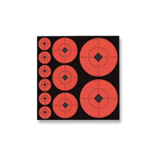 Fluorescent orange self-adhesive target spots with black diamond centers enhance visibility for precise sighting in rifles, making shooting practice more effective.
