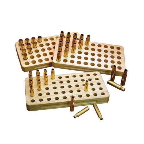 STALWART WOODEN LOADING BLOCKS offer a traditional hardwood design with 50 precision-machined holes and finger grooves for a secure grip, perfect for reloaders.