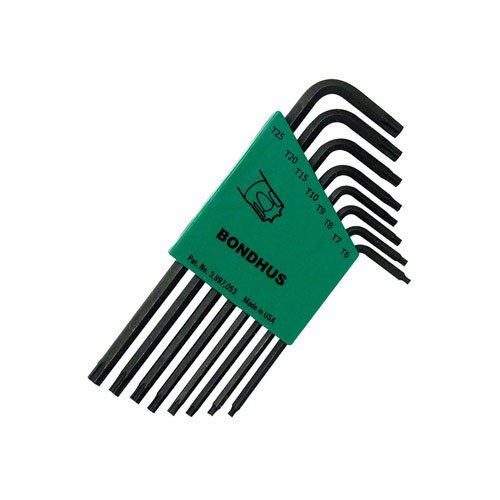 Bondhus 8 PC Torx Wrench Set offers essential sizes (T6-T25) for precise adjustments on scope bases and rings, all stored securely in a locking folder.