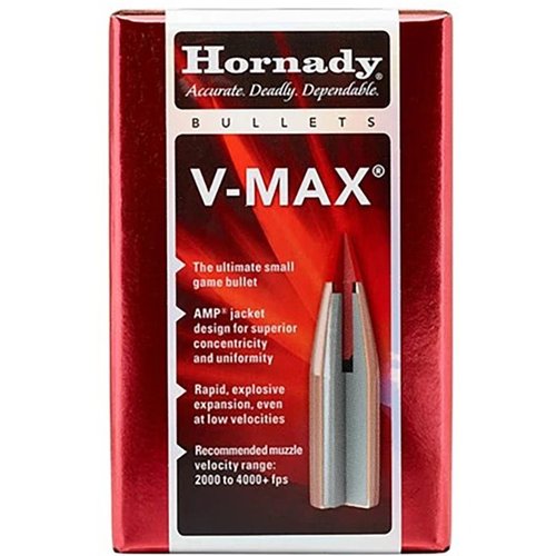 Hornady V-Max 6MM bullets offer explosive expansion and ultra flat trajectories with a polymer tip, ensuring maximum accuracy at all ranges.