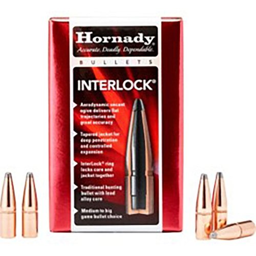 Hornady InterLock 30 Caliber bullets offer flat trajectories, exceptional accuracy, deep penetration, and controlled expansion, perfect for any game.