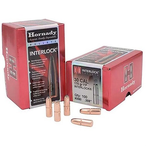 HORNADY InterLock 30 Caliber (0.308") 170gr Flat Point Bullets offer flat trajectories, deep penetration, and controlled expansion for precision shooting.