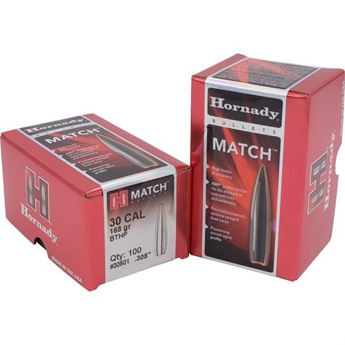 Hornady 30 Caliber 168gr BTHP bullets offer superior accuracy, low drag, and flat trajectories, thanks to advanced manufacturing and a uniform swaged lead core.
