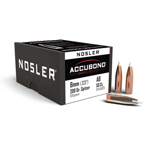 Nosler AccuBond 8mm bullets feature a white polymer tip for accuracy, a tapered copper alloy jacket for lethal penetration, and a boat tail design for long-range performance.