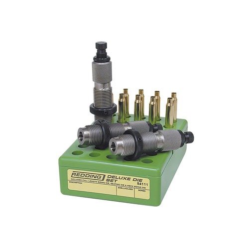Redding Deluxe 3-Die Set for 338 Lapua Magnum ensures precision with full length, neck, and seating dies, crafted for durability and flawless ammo fitting.