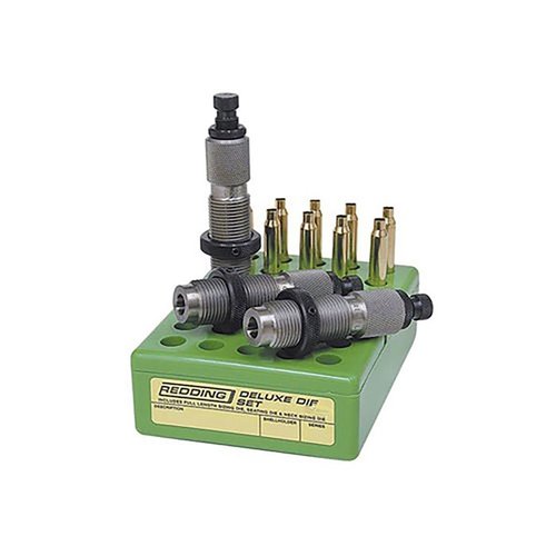 Redding Deluxe 3-Die Set for 5.7x28mm includes full length, neck sizing, and seating dies, crafted for precision, durability, and flawless ammunition fitting.