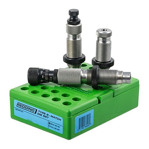 Redding's Type S Match Bushing Neck Die Set for 308 Win offers precision with a Bushing Neck Sizing Die, Body Die, and Competition Seating Die for optimal performance.