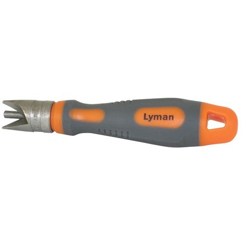 Lyman Outside Chamfer Tool efficiently chamfers and removes burrs from case mouths, featuring a precision machined design and non-slip handle for calibers .17 to .45.