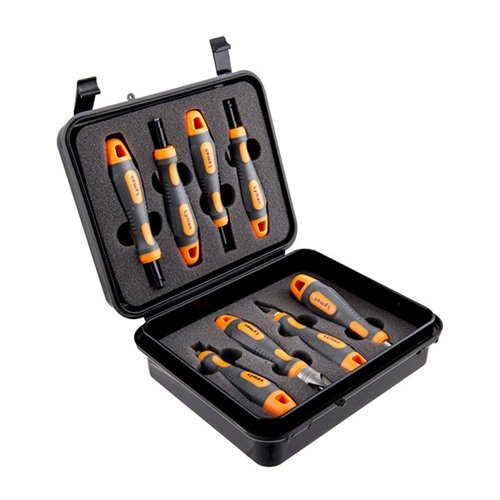 Lyman Universal Case Prep Accessory Set offers essential tools for case prep, including cleaners, reamers, and deburring tools, all in a convenient storage pouch.