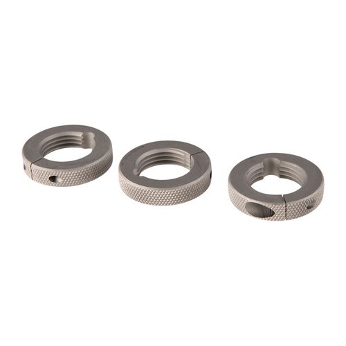 Sinclair Cross Bolt Die Lock Rings, made of stainless steel, fit standard 7/8-14 dies, ensuring precision with a no-contact design preferred by reloaders.
