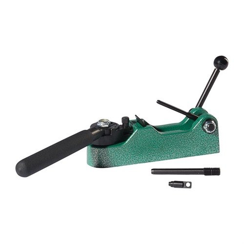 RCBS Primer Pocket Swager Tool easily removes military primer pocket crimps with a rugged cast-aluminum body, foam handle, and support for small/large pockets.