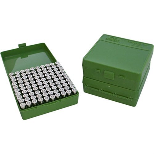 MTM Case-Gard P-100 ammo boxes are durable, stackable, and perfect for storing 100 rounds of 9mm-380 ACP, featuring a scuff-resistant surface and a 25-year guarantee.