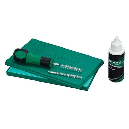 The RCBS Case Lube Kit simplifies case cleaning and lubrication for resizing, featuring a Case Lube Pad 2, a 2-ounce Case Lube 2, and two Case Neck Brushes for .22-.30 calibers.