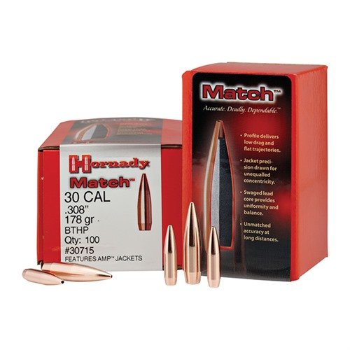 Hornady 30 Caliber (0.308") 155gr BTHP bullets offer low drag, flat trajectories, and unmatched accuracy at long distances with superior consistency.