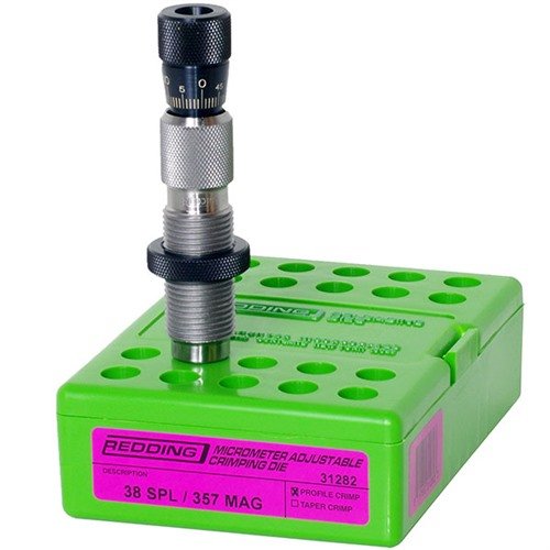 Redding Micrometer Adjustable Profile Crimp Dies offer precise, easy adjustments with ± .100” change in .001” increments, ideal for progressive reloading.