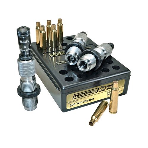 Redding Premium Deluxe Die Set for 308 Winchester offers precision with a Carbide Size button for smooth resizing and a Bullet Micrometer for depth adjustment.