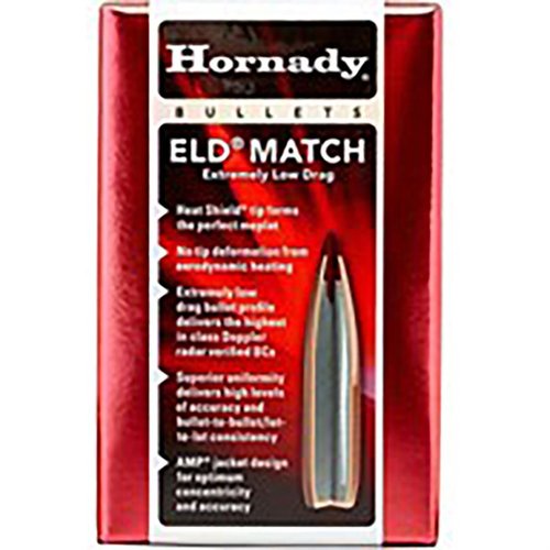 HORNADY ELD Match bullets offer unmatched accuracy, superior consistency, and best-in-class ballistic coefficients with heat-resistant Heat Shield tips for optimal performance.