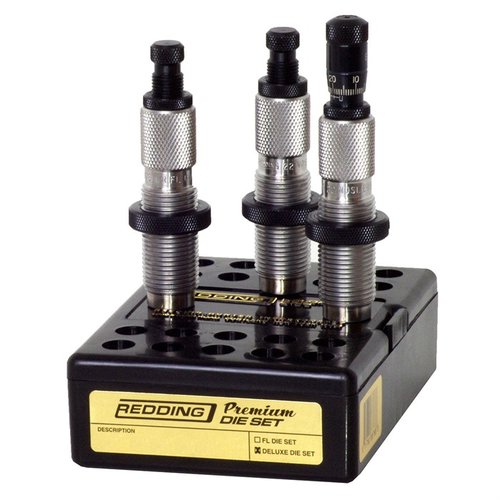Redding 6.5mm Creedmoor Premium Deluxe Die Set includes Full Length and Neck Sizing Dies, plus a Micrometer Seat Stem for precise handloading in one box.