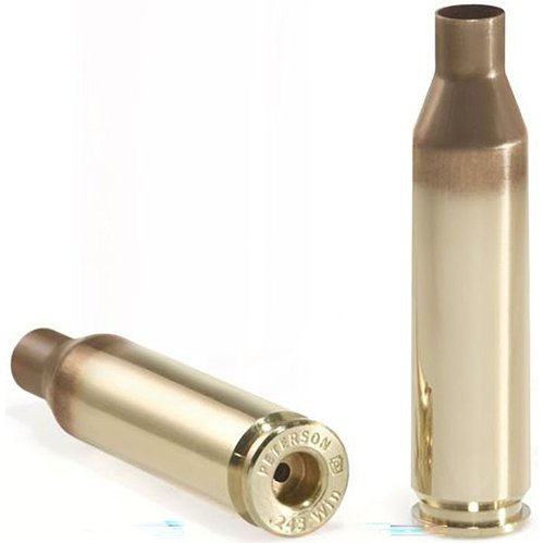 .243 Winchester brass from Peterson Cartridge, 50-count, annealed, cleaned, in durable box, perfect for accurate, low-recoil target and long-range shooting.