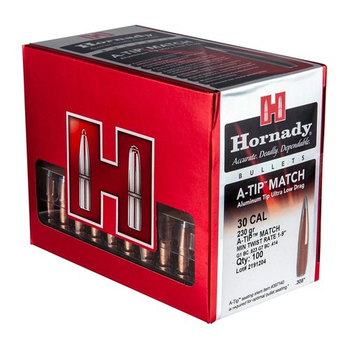 A-TIP 30 CALIBER match bullets feature a precision aluminum tip for enhanced stability, superior concentricity, and consistent performance, ensuring tight groups.