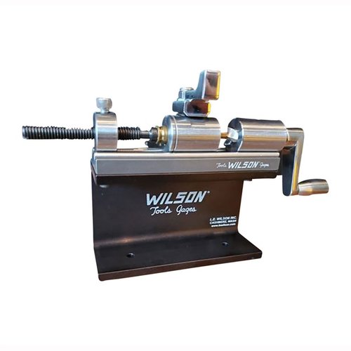 Wilson Case Length Trimmer Kit trims .17 - .45 caliber cases, features a durable stainless finish, and includes a stand and clamp for easy use.