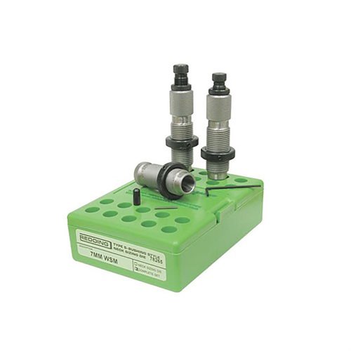 Redding's Type S Bushing Neck Die Set allows precise control of case neck size and tension, complete with a Body Die, wrench, and extra decapping pin.