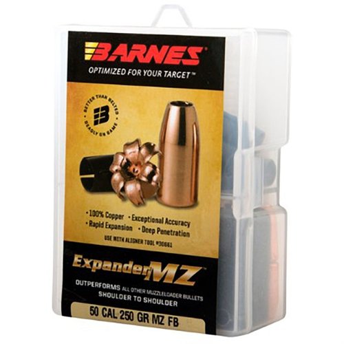 BARNES Expander MZ Bullets offer 100% copper construction, exceptional accuracy, full weight retention, double-diameter expansion, and deep penetration for reliable one-shot kills.