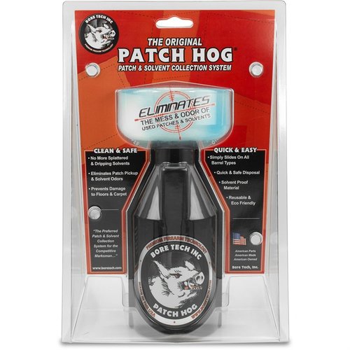 PATCH HOG eliminates mess and odors while cleaning firearms; securely fits any muzzle, captures spent patches, and keeps your workspace clean.