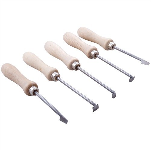 Set of 5 STOCK INLETTING TOOLS for precise wood removal in tight spaces, made from durable 1095 carbon steel with comfortable handles to reduce fatigue.