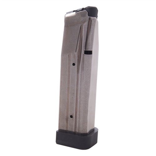 High-capacity 18-round magazines made from TIG welded, heat-treated stainless steel for durability; features flawless feeding with polymer base pad and nylon follower.