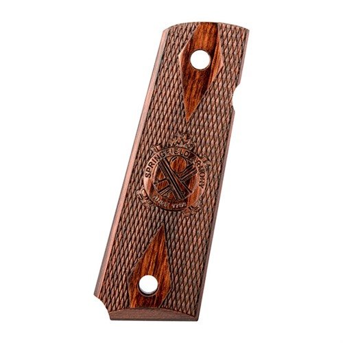 Upgrade your Springfield 1911 with Cocobolo Checkered Cross Cannon grips, featuring a sleek beveled mag well for a seamless look. Sold individually.