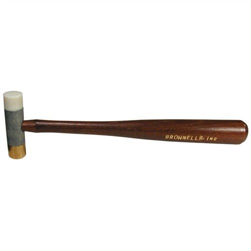 Brownells Nylon/Brass Hammer features dual heads for delicate tasks and driving pins, with an ergonomic hickory handle for superior control in gunsmithing.