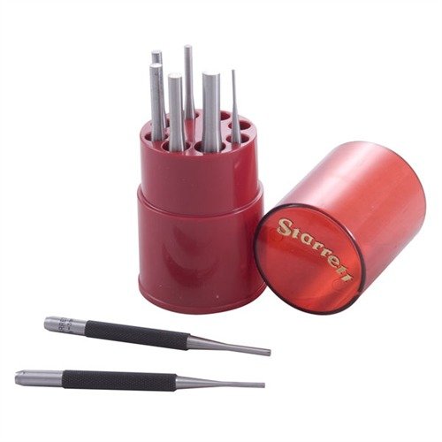 Starrett's 8-piece Pin Punch Set features precision-ground, hardened tool steel with ergonomic knurled grips for comfort, ensuring durability and accuracy in pin removal tasks.