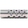 Multi-port muzzle brake for .22 caliber reduces recoil and muzzle rise with 42 ports for optimal control; requires gunsmithing for installation.