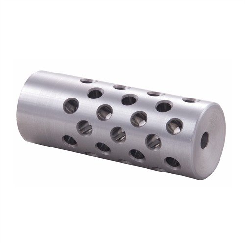 Multi-port #4 Muzzle Brake for 22 caliber softens recoil and reduces muzzle rise with 42 ports for optimal control; requires gunsmithing for installation.