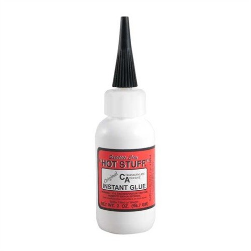 HOT STUFF Instant Glue bonds in 5 seconds, ideal for wooden stocks and gun parts, filling cracks and gaps effortlessly with ultra-thin and thick formulas.