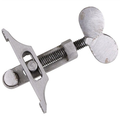 Easily compress tough mainsprings with the TRACK OF THE WOLF Mainspring Vise, featuring adjustable jaws for even compression and a wide turnkey for better grip.