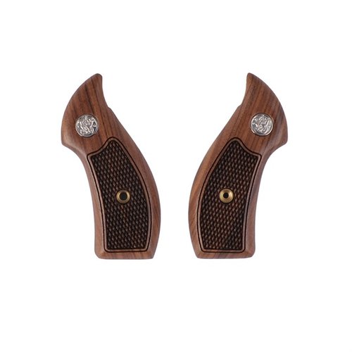 Upgrade your Smith & Wesson J-frame revolver with these Dymondwood grips, featuring a classic brown finish, smooth surface, and available in square or round-butt designs.