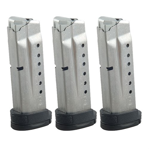 Smith & Wesson M&P Shield 9mm Magazines offer 7 or 8-round capacities, steel construction, and an extended base-plate for enhanced grip, ensuring reliability.